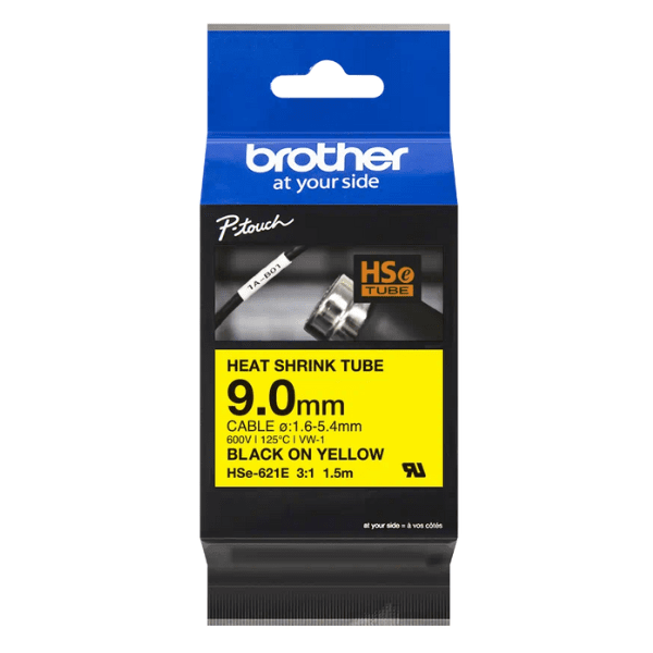 Brother HSe-621E 3:1 Heat Shrink Tubing - 9mm Black on Yellow