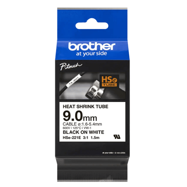 Brother HSe-221E 3:1 Heat Shrink Tubing - 9mm Black on White