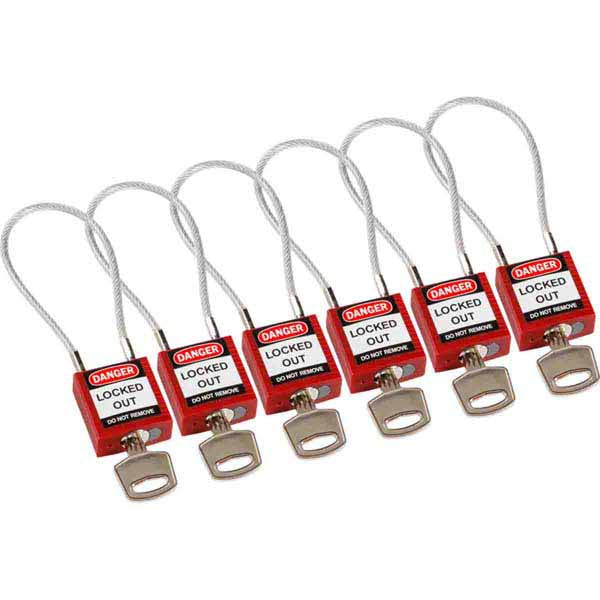 Brady 146128 Safety Padlock with Cable Red 20cm 6 Pack