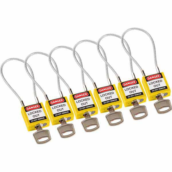 Brady 195973 Safety Padlock with Cable Yellow 20cm 6 Pack