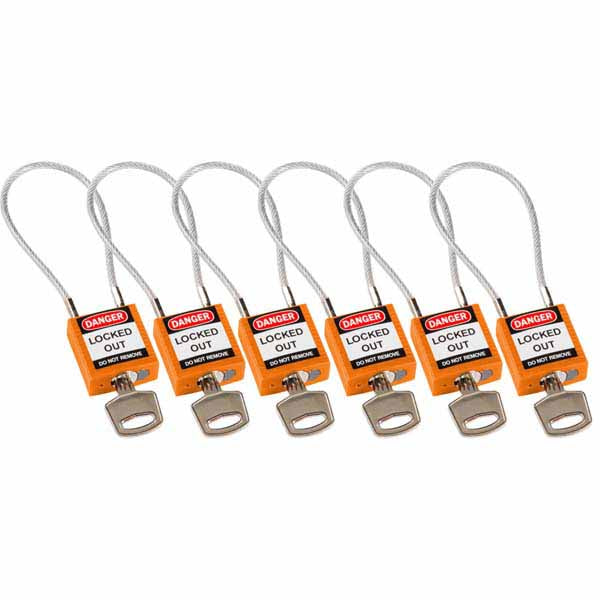 Brady 195983 Safety Padlock with Cable Orange 20cm 6 Pack