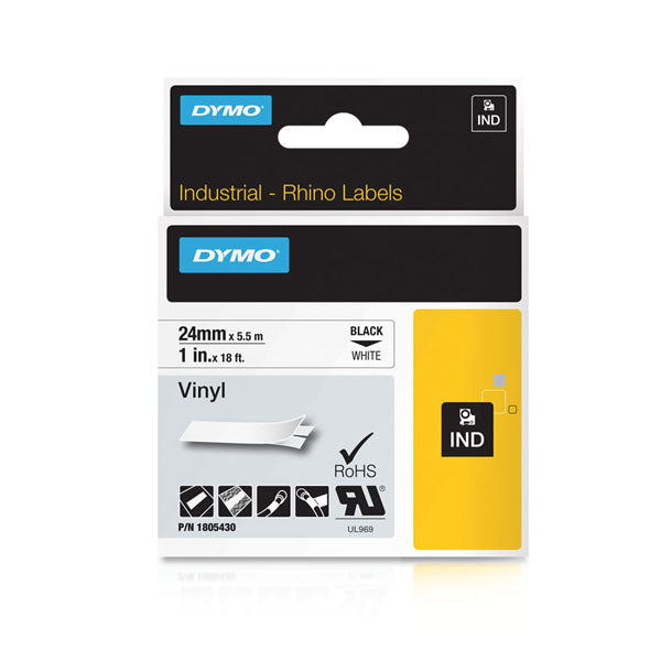 Dymo Rhino 1805430 Vinyl Tape 24mm Black On White - Labelzone