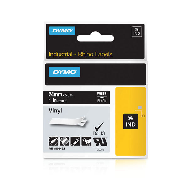 Dymo Rhino 1805432 Vinyl Tape 24mm White On Black - Labelzone