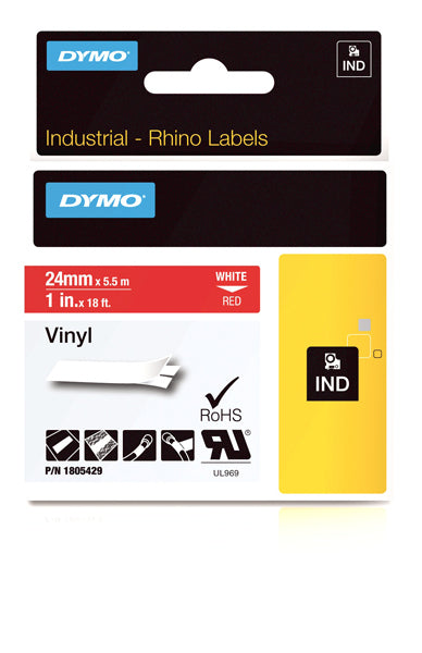 Dymo Rhino 1805429 Vinyl Tape 24mm White On Red - Labelzone