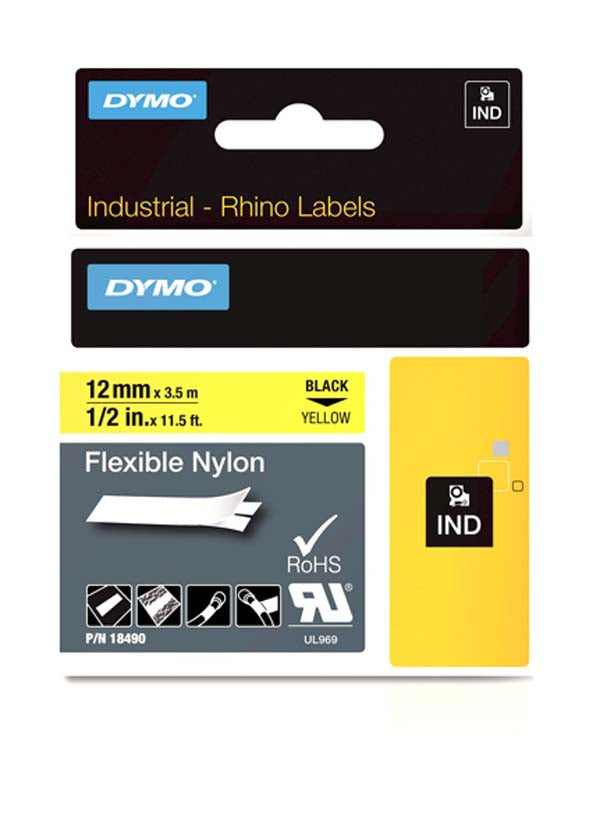 Dymo S0718080 - 12mm Yellow Flexible Nylon Rhino Tape - Labelzone