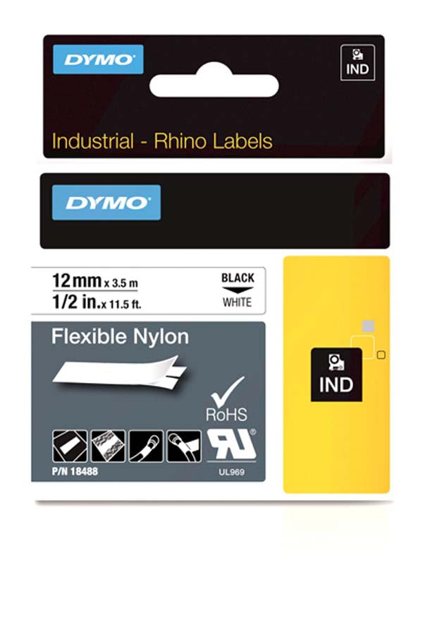 Dymo S0718100 - 12mm Black on White Flexible Nylon Rhino Tape - Labelzone