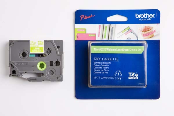 Brother TZE-MQG35 - 12mm White on Lime Green Laminated P-Touch Tape - Labelzone