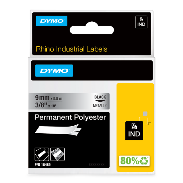 DYMO 18485 Rhino 9mm Black on Metallic Tape