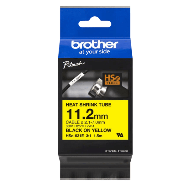Brother HSe-631E Heat 3:1 Shrink Tubing 11.2mm Black on Yellow