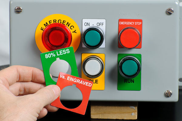 B30EP-169-593-GN - Green Brady BBP33 Raised Profile Labels - Engraved Plate Substitutes - Push Button Style - Labelzone