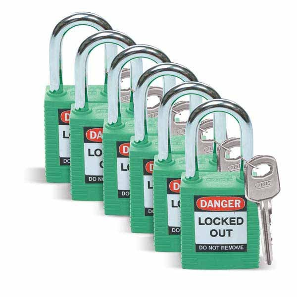 Brady 51345 Safety Padlock Steel 38mm Shackle Green 6 Pack