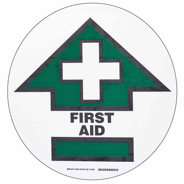 104486 Brady ToughStripe First Aid Floor Sign W-arrow 431.8 mm