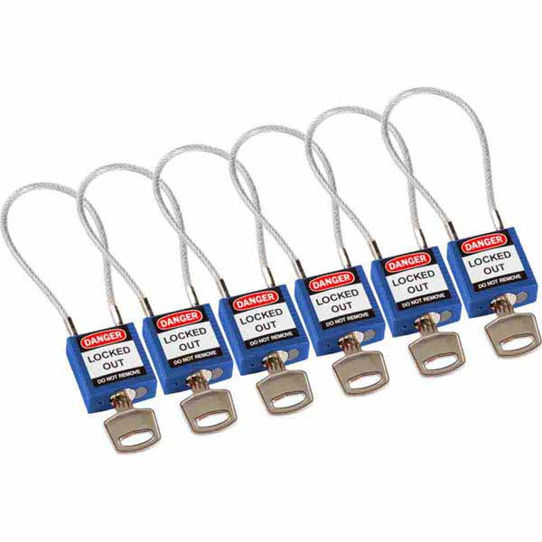 Brady 146130 Safety Padlock with Cable Blue 20cm 6 Pack
