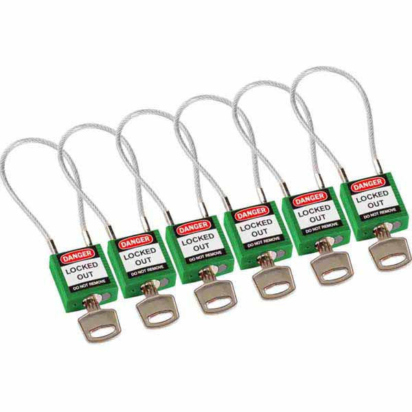 Brady 146131 Safety Padlock with Cable Green 20cm 6 Pack
