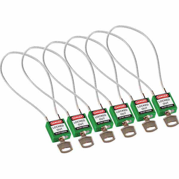 Brady 146135 Safety Padlock with Cable Green 40cm 6 Pack