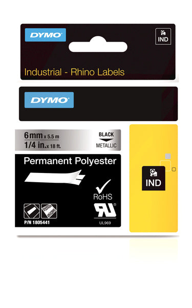 Dymo Rhino 1805441 Polyester Tape 6mm Black On Metallic Perm - Labelzone