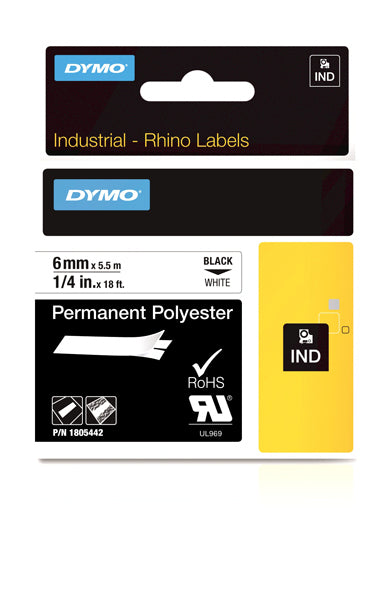 Dymo Rhino 1805442 Polyester Tape 6mm Black On White Perm - Labelzone