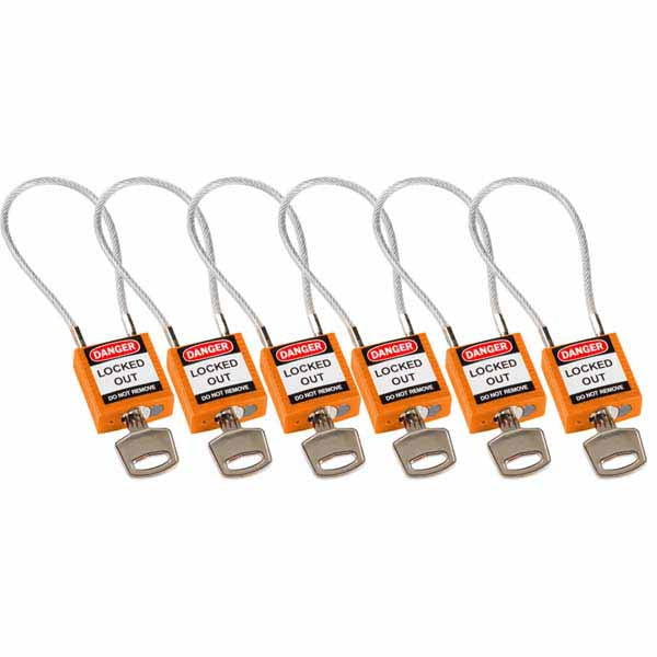 Brady 195949 Safety Padlock with Cable Orange 20cm 6 Pack
