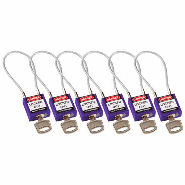 Brady 195950 Safety Padlock with Cable Purple 20cm 6 Pack