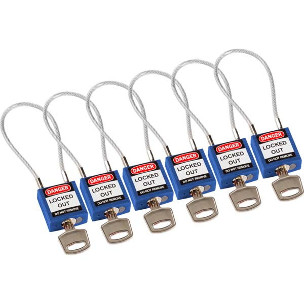 Brady 195974 Safety Padlock with Cable Blue 20cm 6 Pack
