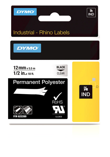 Dymo Rhino 622289 Polyester Tape 12mm Black On Clear Perm - Labelzone