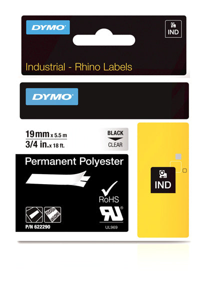 Dymo Rhino 622290 Polyester Tape 19mm Black On Clear Perm - Labelzone