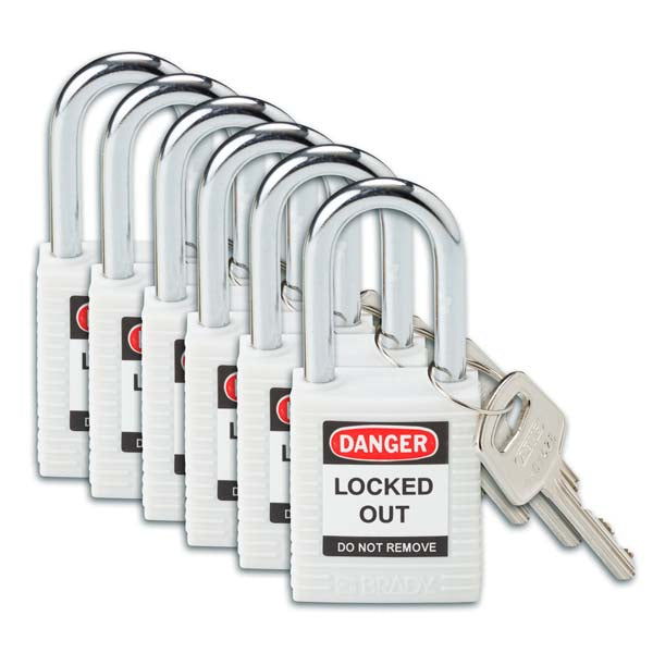 Brady 813638 Safety Padlock Steel 38mm Shackle White 6 Pack