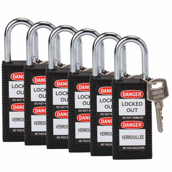 Brady 834463 Safety Padlock Long Body 38mm Nylon Encased Black 6 Pack