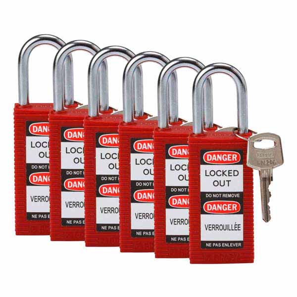 Brady 834464 Safety Padlock Long Body 38mm Nylon Encased Red 6 Pack