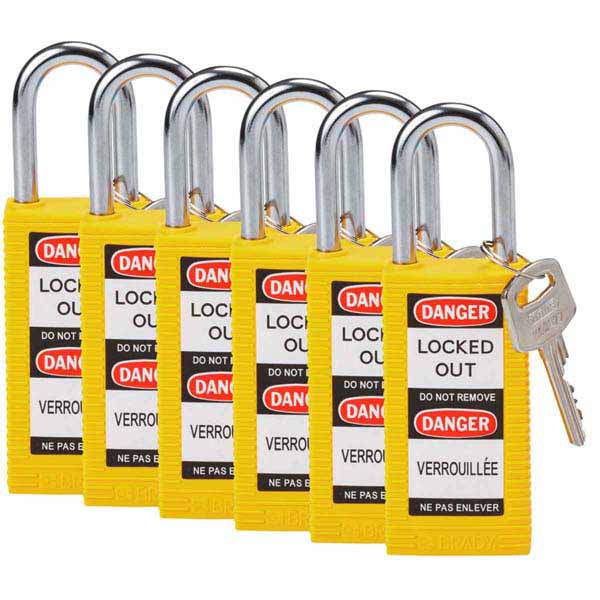 Brady 834465 Safety Padlock Long Body 38mm Nylon Encased Yellow 6 Pack