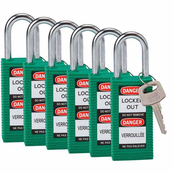 Brady 834466 Safety Padlock Long Body 38mm Nylon Encased Green 6 Pack