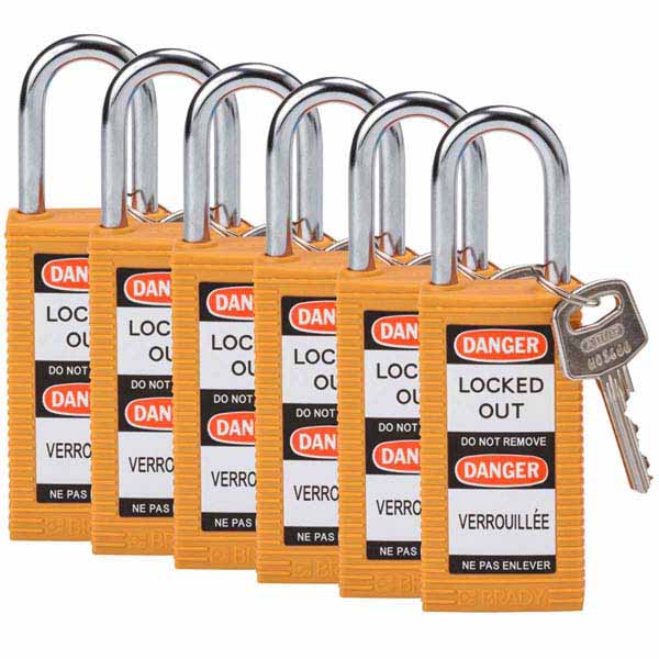 Brady 834467 Safety Padlock Long Body 38mm Nylon Encased Orange 6 Pack