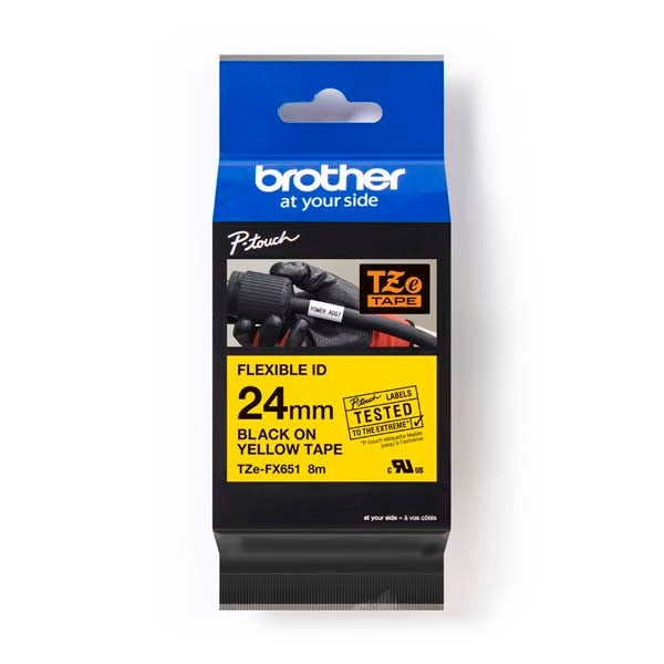 Brother TZ-FX651 - 24mm Black on Yellow Flexi Tape - Labelzone