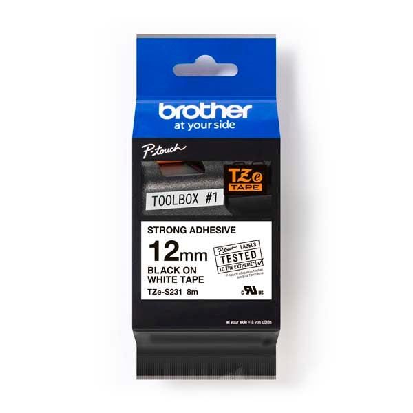 Brother TZ-S231 - 12mm Black on White Extra Strong Adhesive Tape - Labelzone
