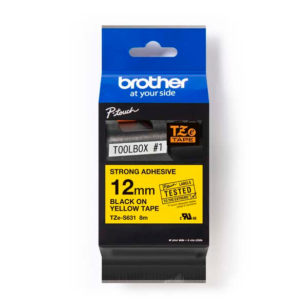 Brother TZ-S631 - 12mm Black on Yellow Extra Strong Adhesive Tape - Labelzone
