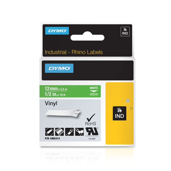 Dymo Rhino 1805414 Vinyl Tape 12mm White On Green - Labelzone