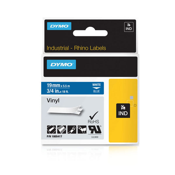 Dymo Rhino 1805417 Vinyl Tape 19mm White On Blue - Labelzone