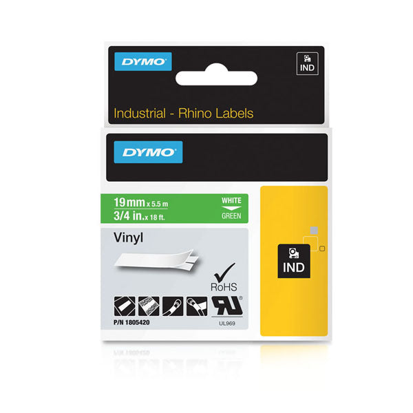 Dymo Rhino 1805420 Vinyl Tape 19mm White On Green - Labelzone