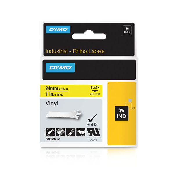 Dymo Rhino 1805431 Vinyl Tape 24mm Black On Yellow - Labelzone