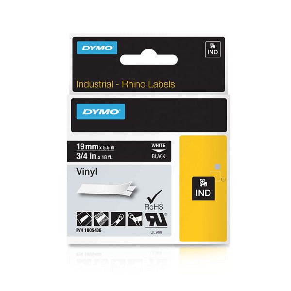 Dymo Rhino 1805436 Vinyl Tape 19mm White On Black - Labelzone