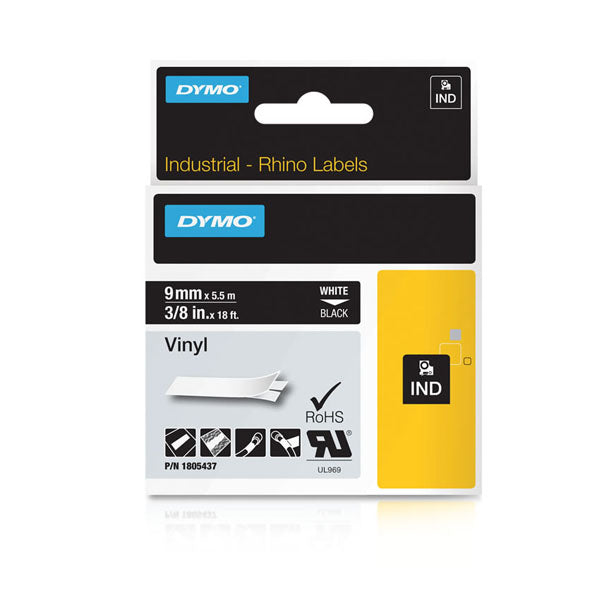 Dymo Rhino 1805437 Vinyl Tape 9mm White On Black - Labelzone