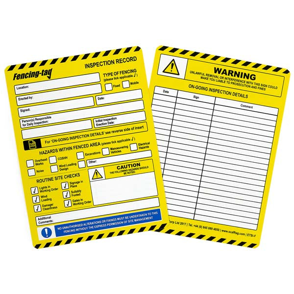 Brady Scafftag Fencing-tag Inserts Inspection Record 144mm x 193mm 50 Pack