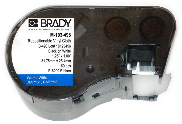 M-103-498 Brady Repositionable Vinyl Cloth Black on White For BMP51-BMP53 Printers - Labelzone