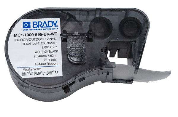 Brady MC1-1000-595-BK-WT White on Black Indoor-Outdoor Vinyl 25.40mm -131606 - Labelzone