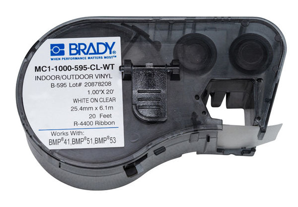 Brady MC1-1000-595-CL-WT White on Clear Indoor-Outdoor Vinyl 25.40mm -131607 - Labelzone