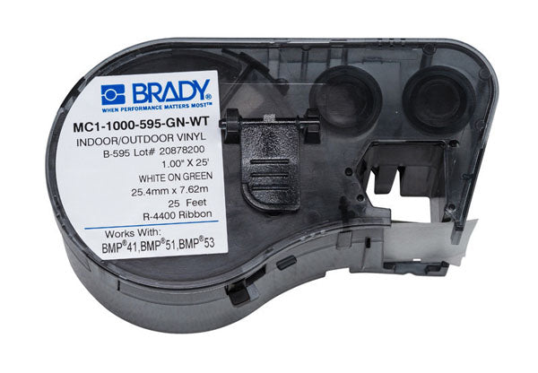 Brady MC1-1000-595-GN-WT White on Green Indoor-Outdoor Vinyl 25.40mm -131598 - Labelzone
