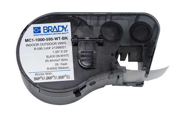 Brady MC1-1000-595-WT-BK Brady Black on White Indoor-Outdoor Vinyl 25.40mm x 7.62m -131582 - Labelzone
