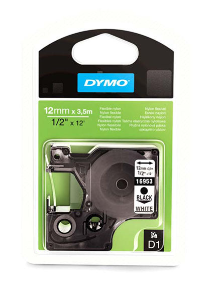 Dymo S0718040 D1 Tape 12mm Black on White Flexible Nylon 16957 - Labelzone