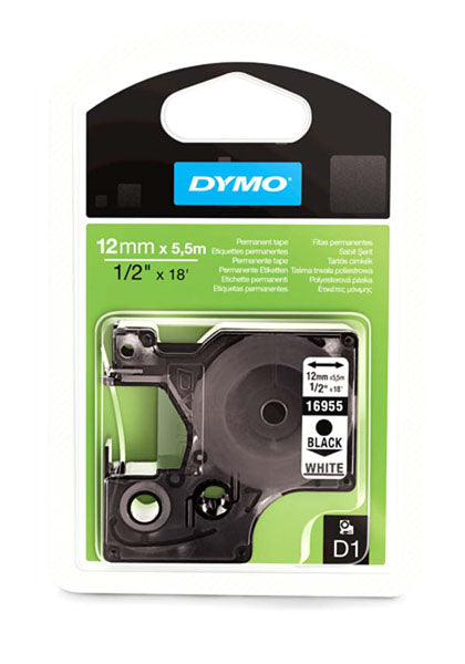 Dymo S0718060 D1 Tape 12mm Black on White Permanent Polyester 16959 - Labelzone