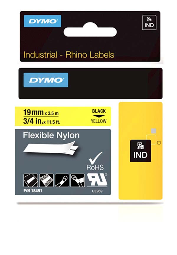 Dymo S0718090 - 19mm Yellow Flexible Nylon Rhino Tape - Labelzone